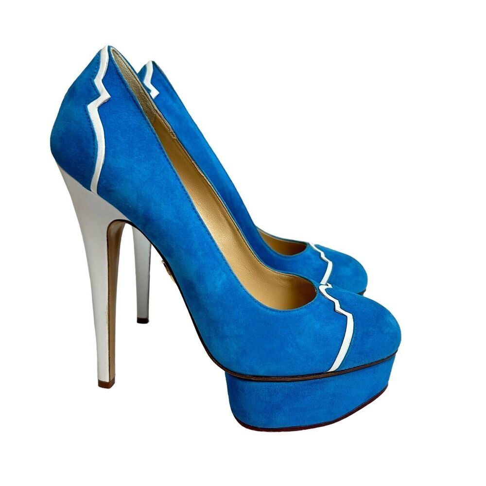 Charlotte Olympia Pumps Womens 37 Blue Suede DOLLY Platform Heels shoes $995